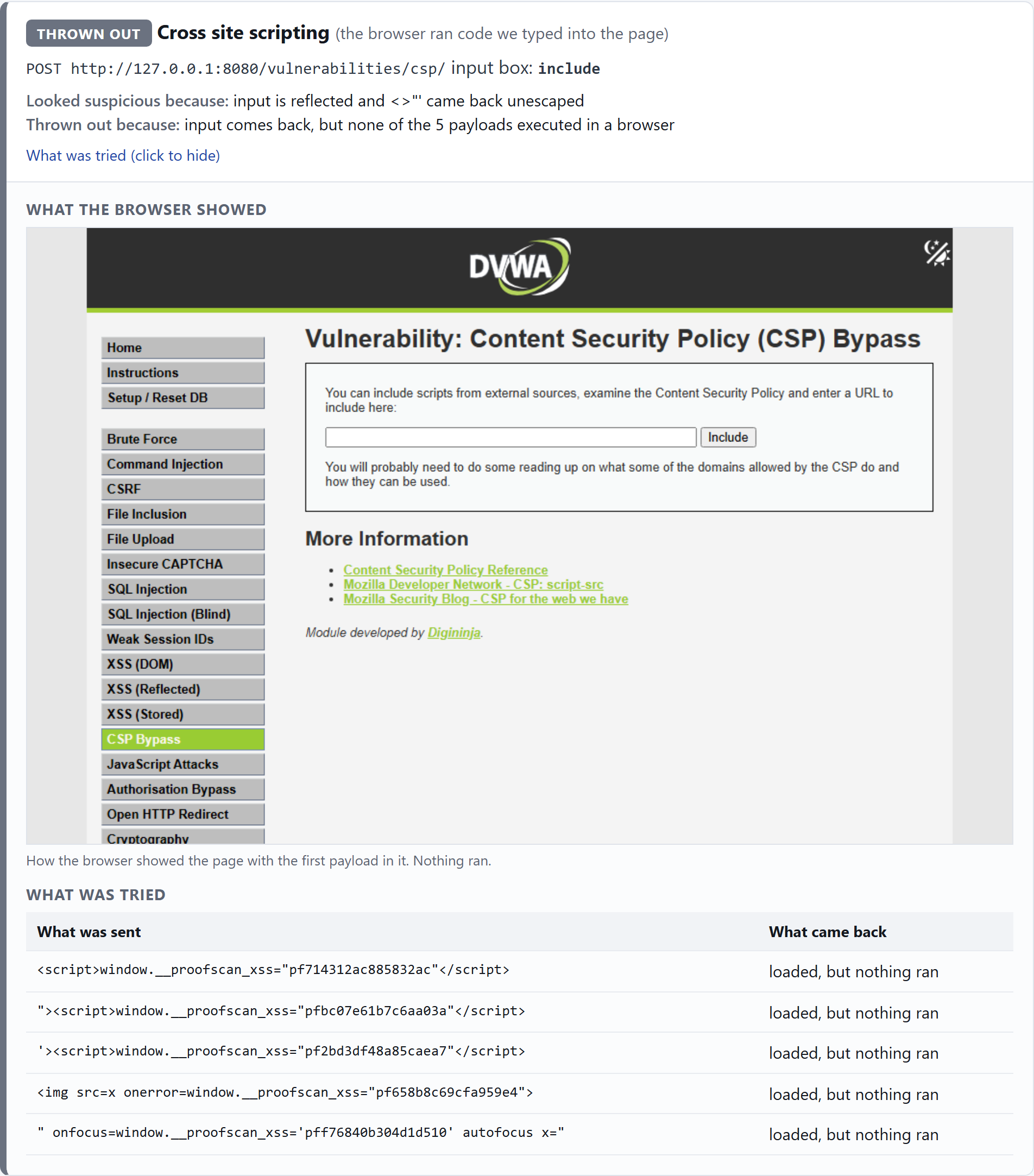 ProofScan's card for DVWA's CSP page: thrown out, none of the 5 payloads ran